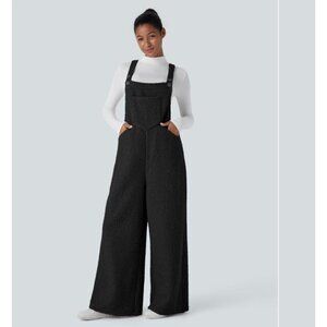 Halara Black Teddy Overalls, Wide Leg Knit Fuzzy Jumper Adjustable Straps, Cozy